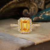 2 Carat Emerald Cut Citrine Engagement Ring Pave Halo Bridal Ring